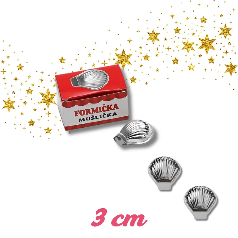 Mini formičky ve tvaru mušle o průměru 3 cm na vánoční cukroví, pocínovaný plech, sada 20 kusů