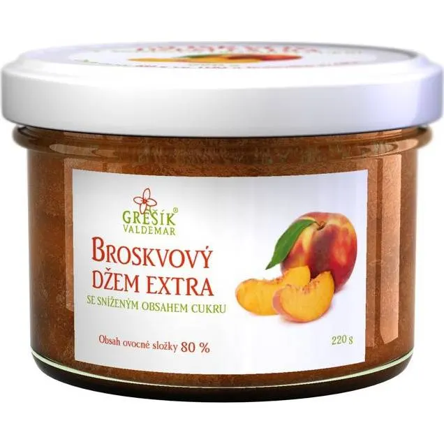 Broskvový džem extra se sníženým obsahem cukru Grešík v zavařovacím skle 220 g