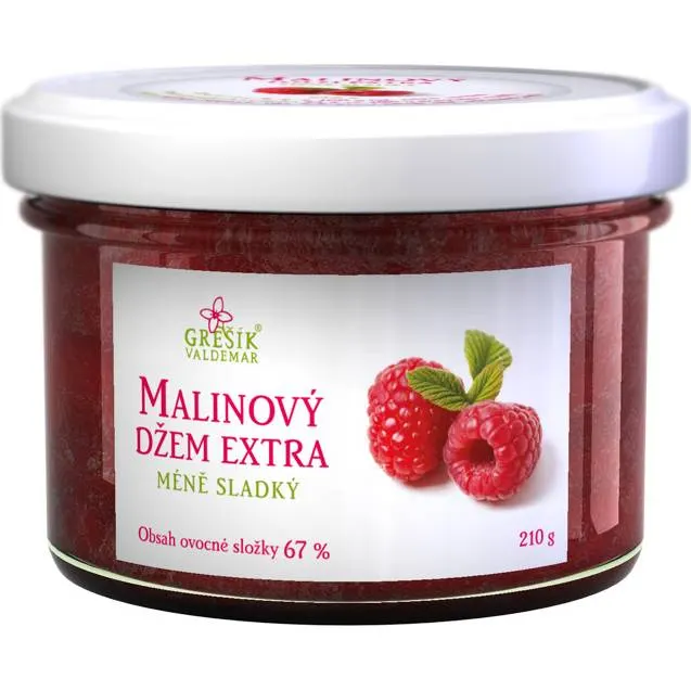 Malinový džem extra s nižším obsahem cukru od značky Grešík v 210g sklenici k plnění a promazávání dortů