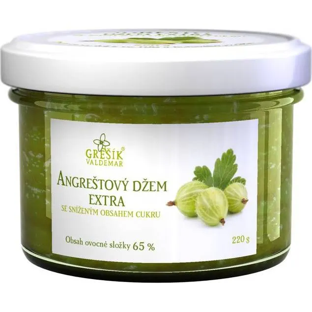 Angreštový džem Grešík se sníženým obsahem cukru v sklenici o hmotnosti 220 g vhodný na pečení i do snídaně