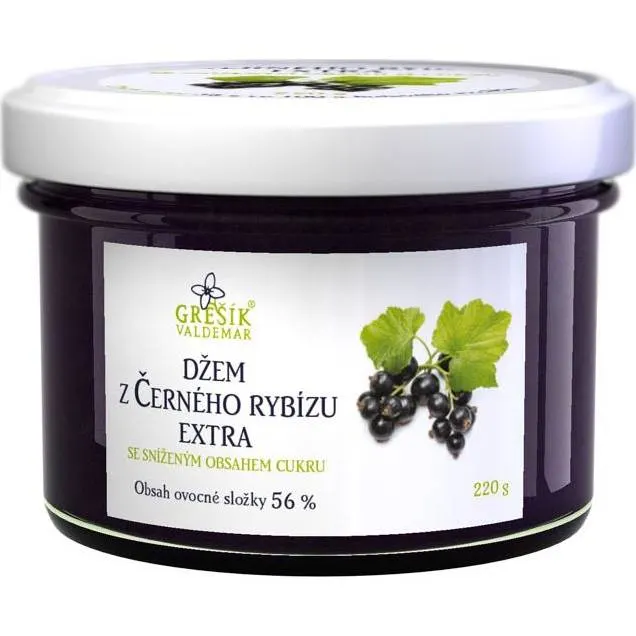 Džem z černého rybízu se sníženým obsahem cukru od značky Grešík v balení 220 g, vhodný k pečení a na dorty
