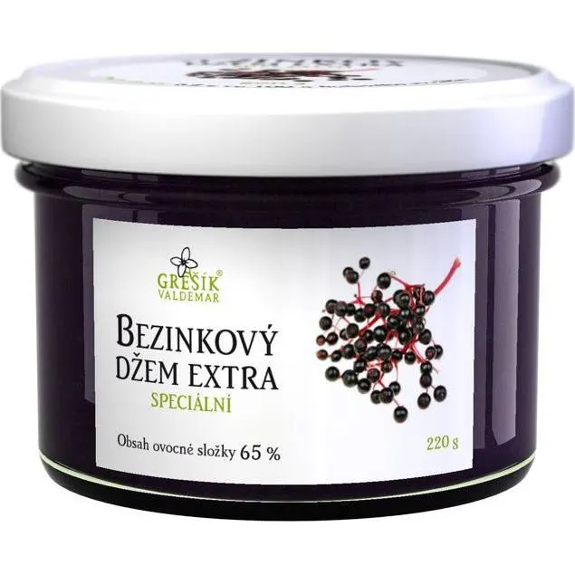 Bezinkový džem Grešík v jemném sklenici 220 g vhodný jako náplň do moučníků a pečiva