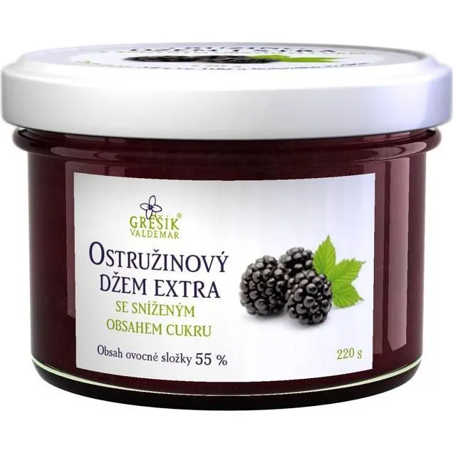 Ostružinový džem extra se sníženým obsahem cukru od značky Grešík v balení 220 g pro pečení a sladké tvoření