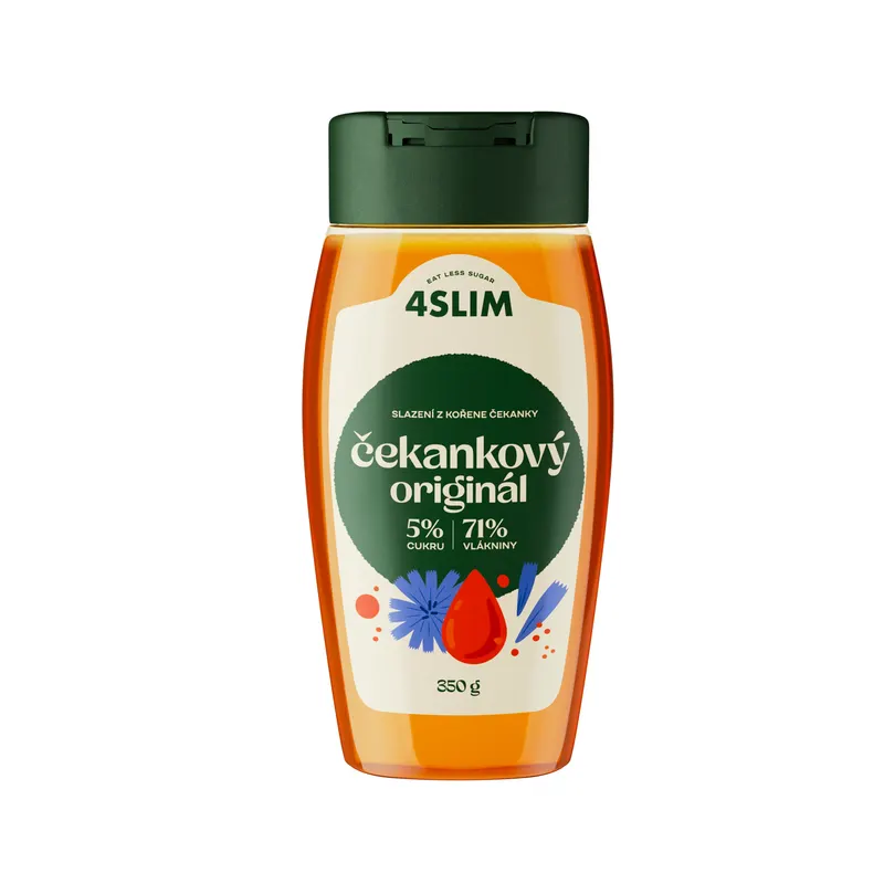 Čekankový sirup 4Slim Original v lahvi k slazení pokrmů a pečení jako alternativa běžných sladidel
