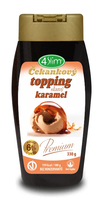Čekankový topping 4SLIM Premium s příchutí slaného karamelu v balení 330 g na palačinky, vafle a dezerty