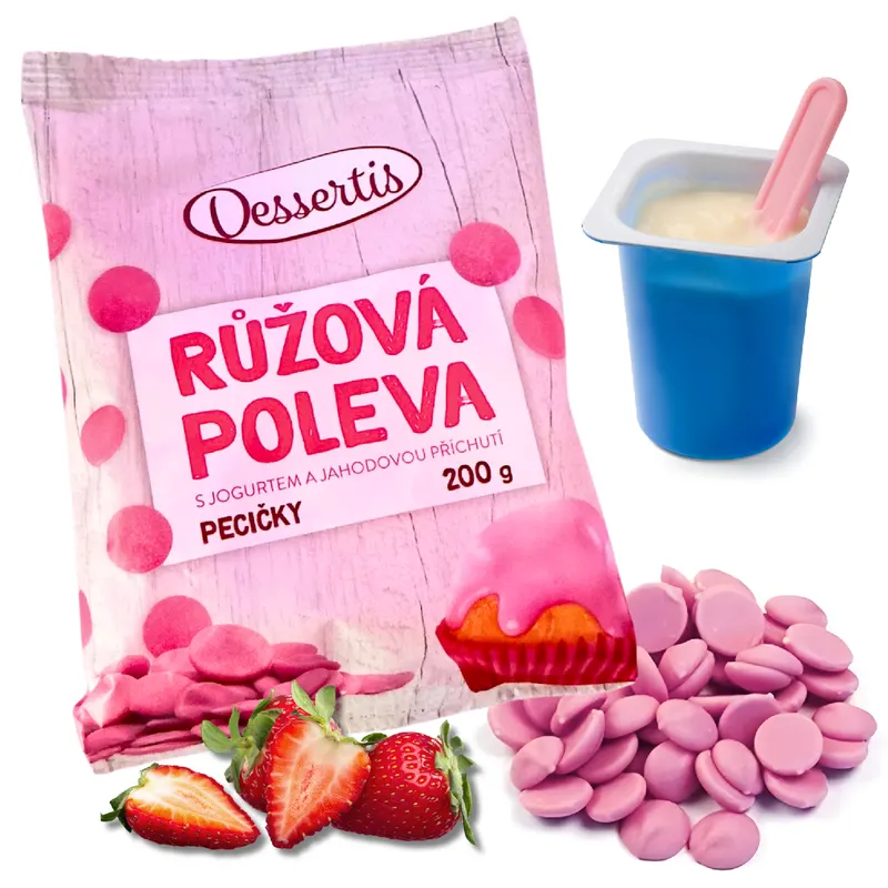 Jogurtová poleva Dessertis v růžové barvě s jahodovou příchutí, peckami na rozpouštění pro zdobení dortů a zákusků, balení 200 g
