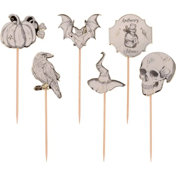 Halloweenské zápichy Folat Creepy Halloween, 6 kusů strašidelných dekorací na dřevěné špejli pro zdobení stolu a dortů