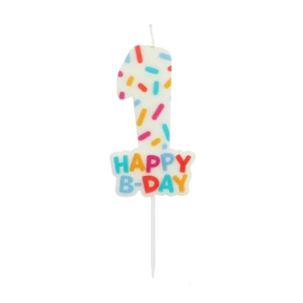 Dortová svíčka číslo 1 s nápisem Happy B-day od značky Folat, výška 7 cm, lesklý design na narozeninový dort