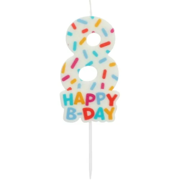 Dortová svíčka ve tvaru číslice 8 s nápisem Happy B-day od značky Folat, výška 7 cm