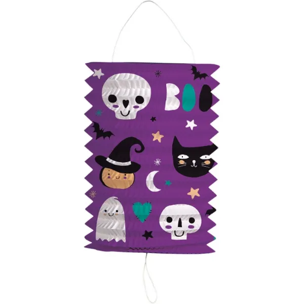Papírový halloweenský lampion válcového tvaru ve fialové barvě s motivy duchů, černé kočky, dýní a netopýrů