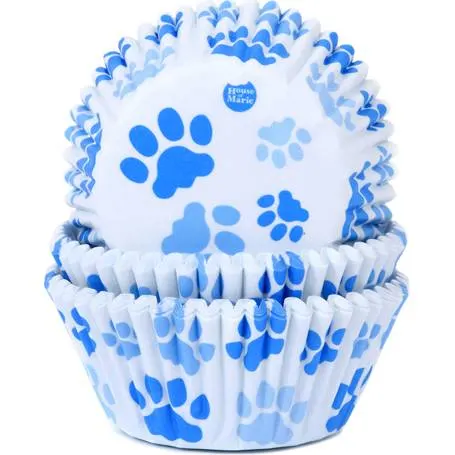 Papírové košíčky na muffiny s modrým vzorem tlapek, 50 kusů, značka House of Marie, rozměr 50x33 mm