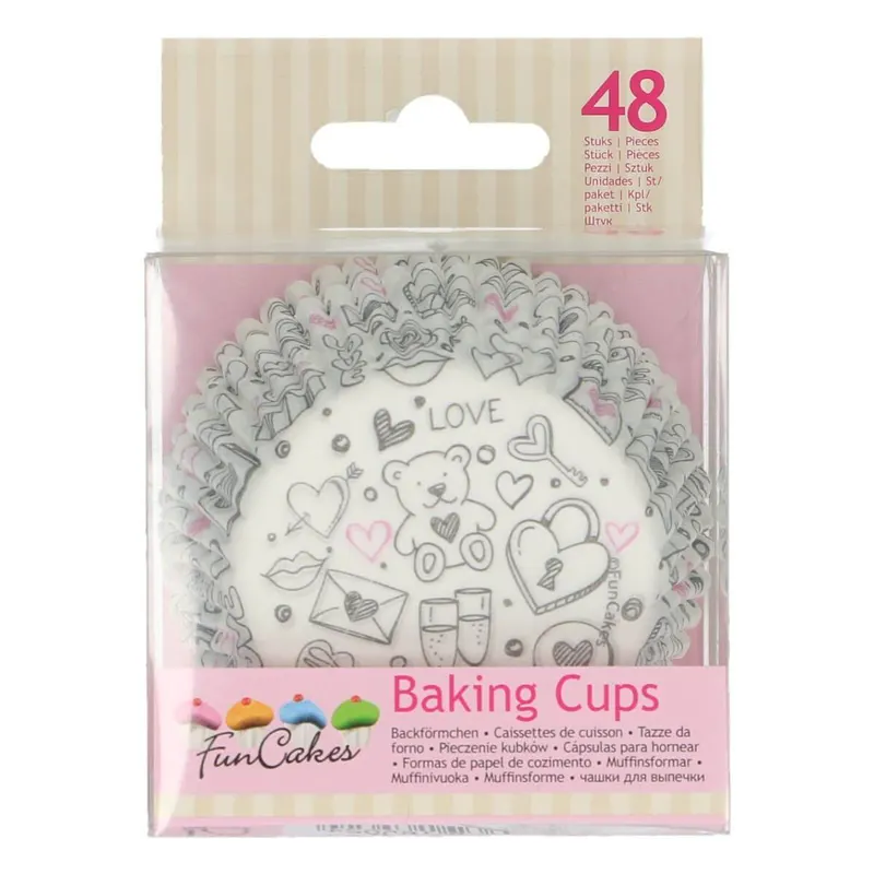 Papírové košíčky FunCakes Love s motivy srdíček, rtů, růží a šampaňského na muffiny a sušenky, balení 48 kusů