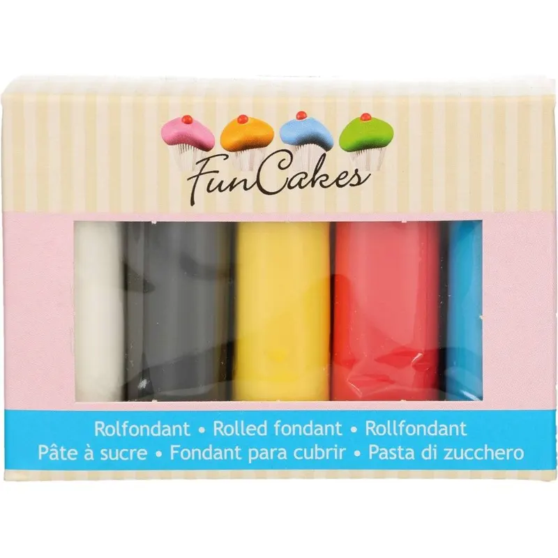 Sada pěti barevných potahovacích hmot FunCakes v bílé, černé, žluté, červené a modré barvě pro modelování a zdobení dortů