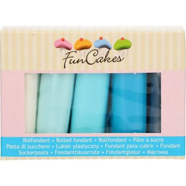 Potahovací hmota FunCakes v sadě modrých odstínů, 5 x 100 g, s jemnou vanilkovou příchutí na zdobení dortů