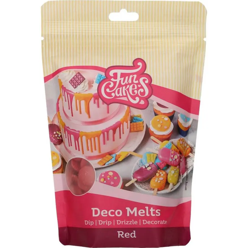 Snadno rozpustná červená poleva v peckách FunCakes pro zdobení dortů, stékance a namáčení cakepops