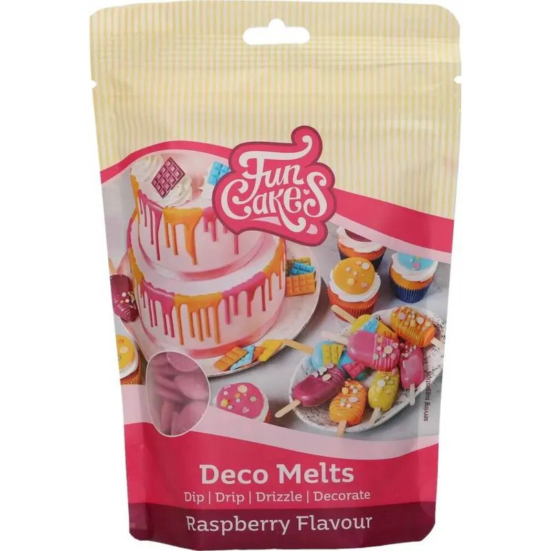 Snadno rozpustná malinová poleva v peckách FunCakes, 250 g, vhodná pro zdobení dortů a cake pops