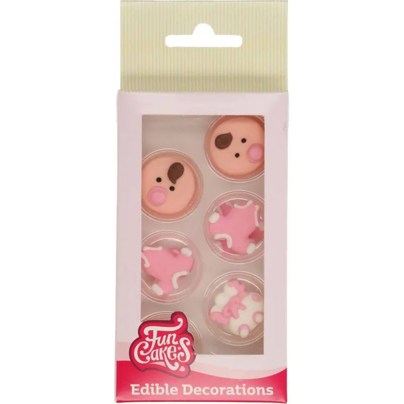 Cukrové zdobení na dort pro holčičku s motivy kočárku, dupačky, miminka a lahvičky od značky FunCakes, 12 kusů