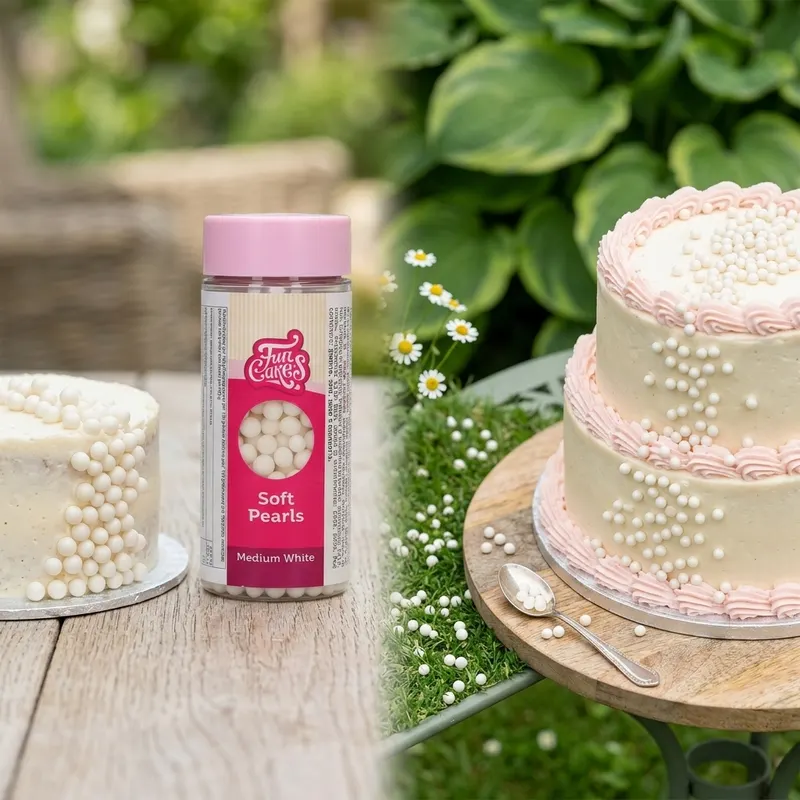 Měkké bílé jedlé perličky střední velikosti FunCakes Soft Pearly na zdobení dortů a cukrářských výrobků
