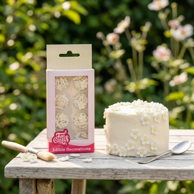 Mini cukrové kytičky FunCakes bílé se žlutým středem na dort, průměr 14 mm, balení 64 ks