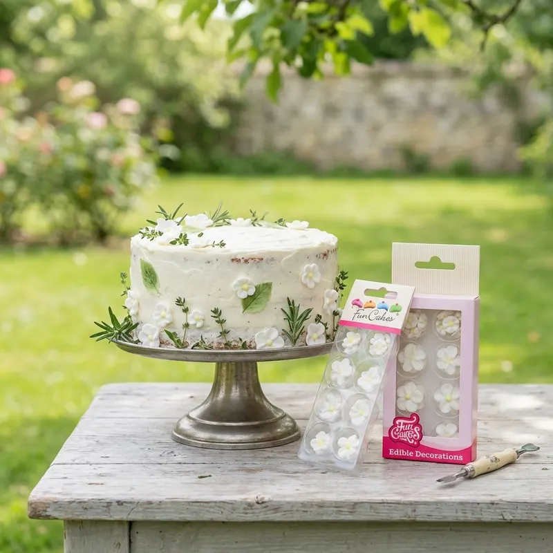 Oblé bílé cukrové květinky se žlutým středem na zdobení dortů a cupcakes od značky FunCakes
