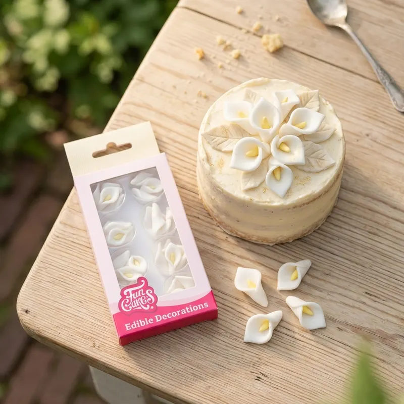 Cukrové kaly FunCakes v bílé barvě s žlutým středem, sada 24 mini květů o průměru 24 mm pro zdobení dortů