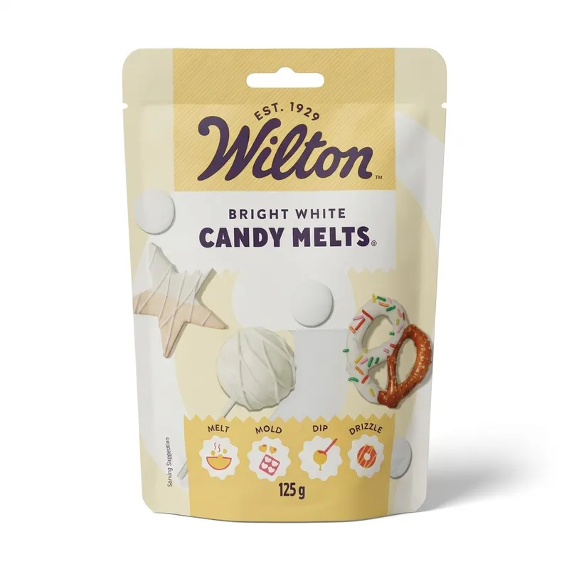 Cukrářská poleva Candy Melts v zářivě bílé barvě od značky Wilton k zdobení dortů a sladkostí
