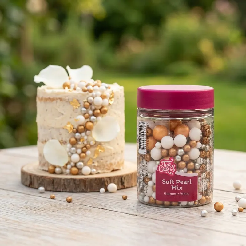 Perlové sypání FunCakes zlatostříbrný mix v kombinaci zlaté, stříbrné a bílé barvy na jedlé zdobení dortů a sladkostí, 80 g