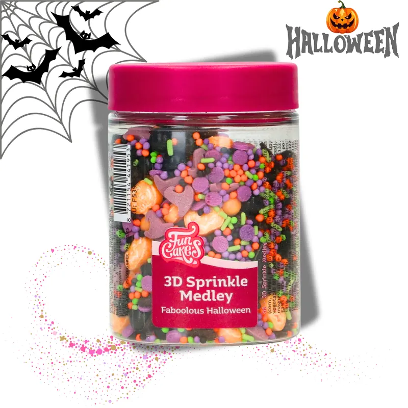 Cukrové zdobení FunCakes na Halloween v 3D tvarech v mixu černé, oranžové, fialové a zelené barvy, 70 g na pečení dortů a muffinů