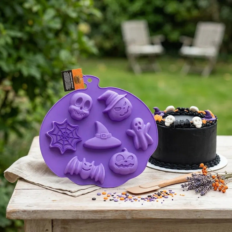 Silikonová forma na čokoládu a želé ve tvaru halloweenských motivů značky Decora, s duchem, netopýrem a dýní