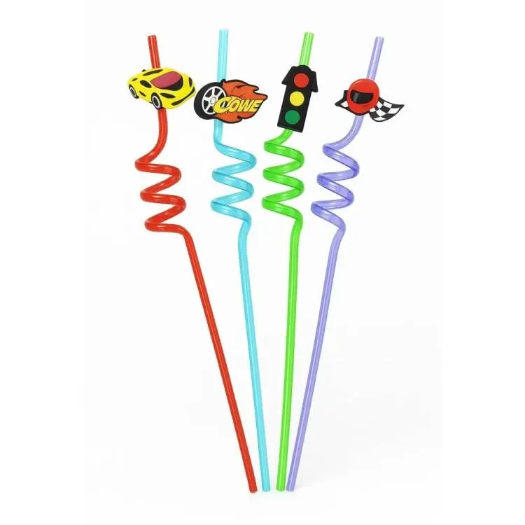 Plastová barevná spirálová brčka se závodními motivy, balení 4 kusů, délka 26 cm, na dětskou party