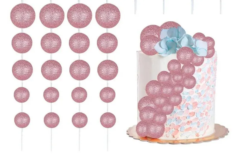 Růžové glitterové koule různých velikostí na zápich do dortu, sada 20 kusů pro dekoraci cukrářských výrobků
