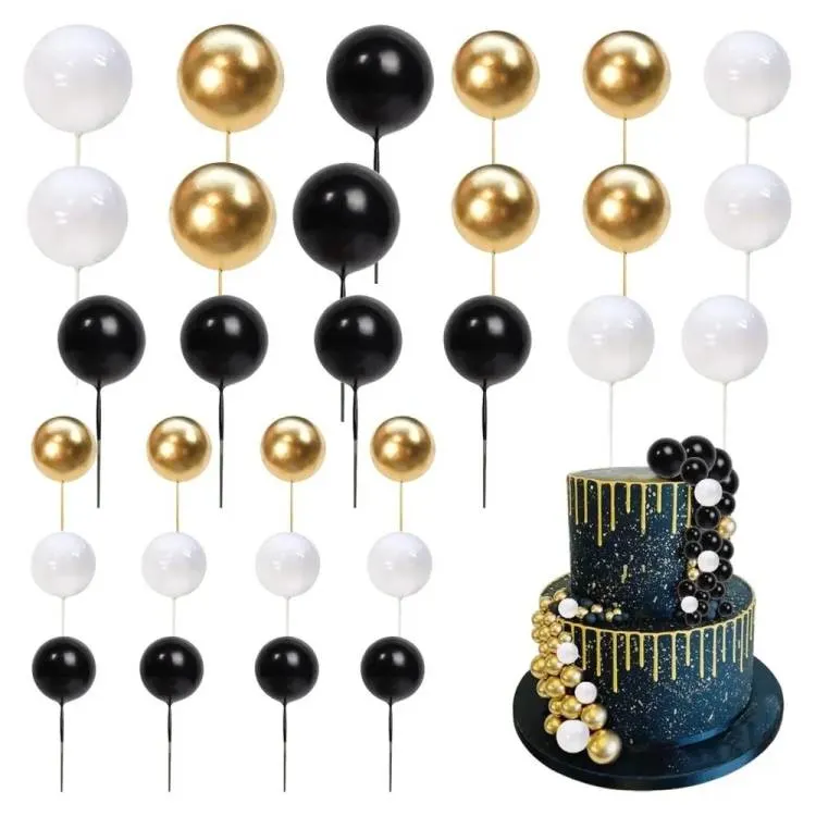 Sada zapichovacích dekorativních koulí v bílé, černé a zlaté barvě různých velikostí na dort, 36 kusů