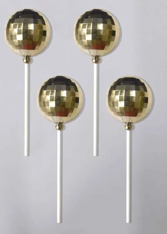 Zlatý zápich do dortu ve tvaru disko koule o velikosti 4 cm, balení 4 kusů na retro party dekoraci