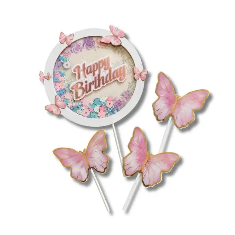 Růžový zápich do dortu s motýlky a nápisem Happy Birthday, sada 4 kusů na narozeninovou dekoraci