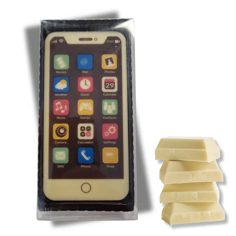 Bílý čokoládový mobilní telefon Chocotherapia jako jedlá dekorace na dort