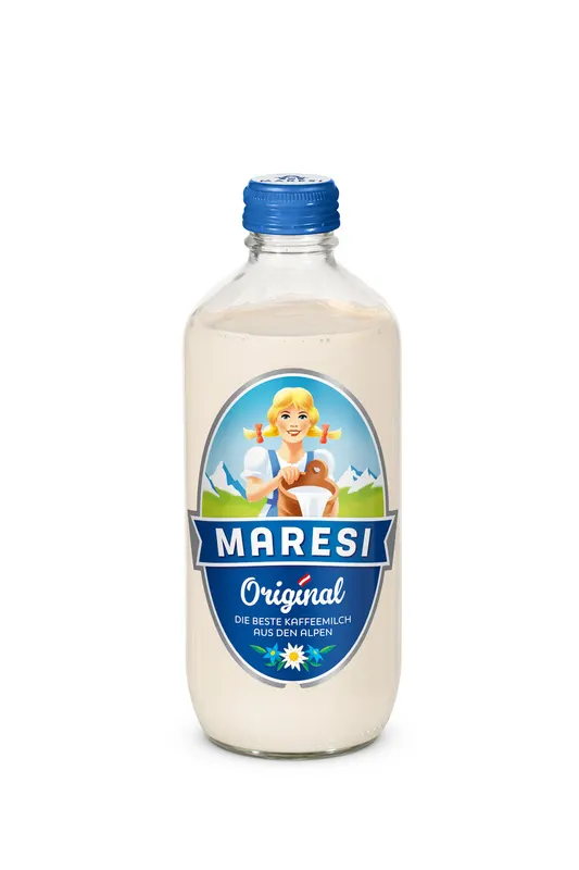 Kondenzované neslazené plnotučné mléko MARESI Alpské Mléko v plechovce 500 g, vhodné do dortů, krémů a náplní
