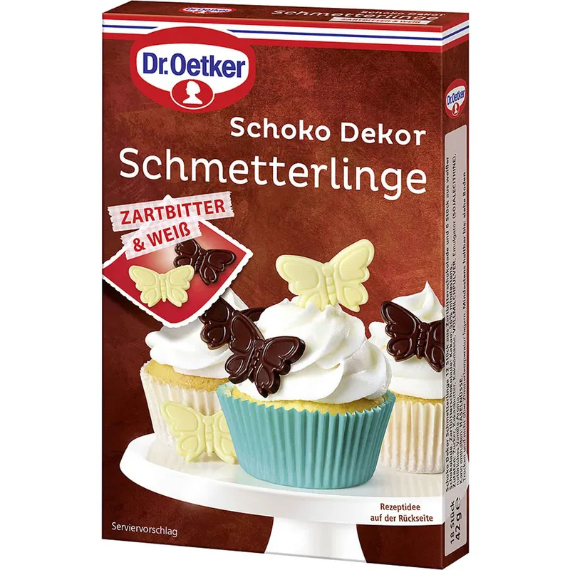 Čokoládové dekorace Dr. Oetker ve tvaru motýlků, balení 12 kusů, dvoubarevné, na zdobení dortů a zákusků
