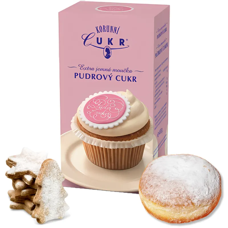 Extra jemný pudrový kurunní cukr v krabičce o hmotnosti 400 g vhodný na cukrování a zdobení pečiva