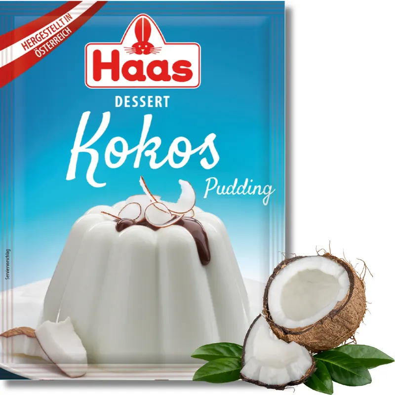 Dezertní puding HAAS s příchutí kokosu v prášku na přípravu krému do dortů a pohárů