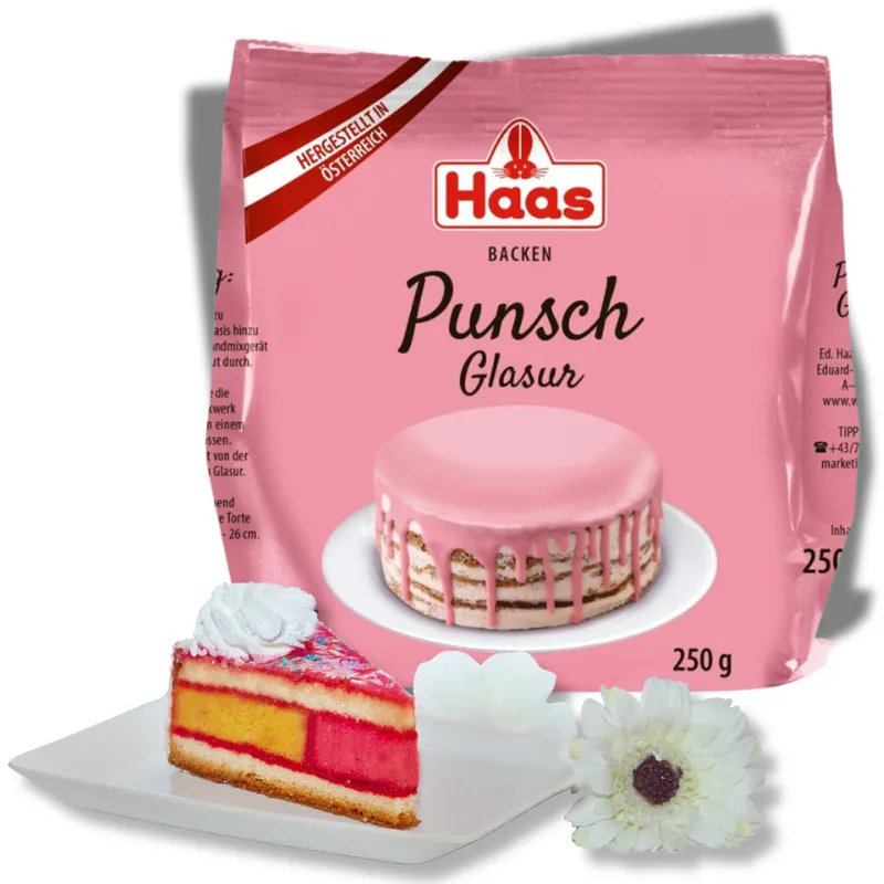 Punčová poleva HAAS na dorty a vánoční cukroví v balení 250 g, prášek k rozmíchání s vodou pro lesklou glazuru