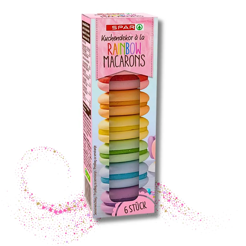Cukrová dekorace ve tvaru duhových makronek, sada 6 kusů na zdobení dortů a cupcakes