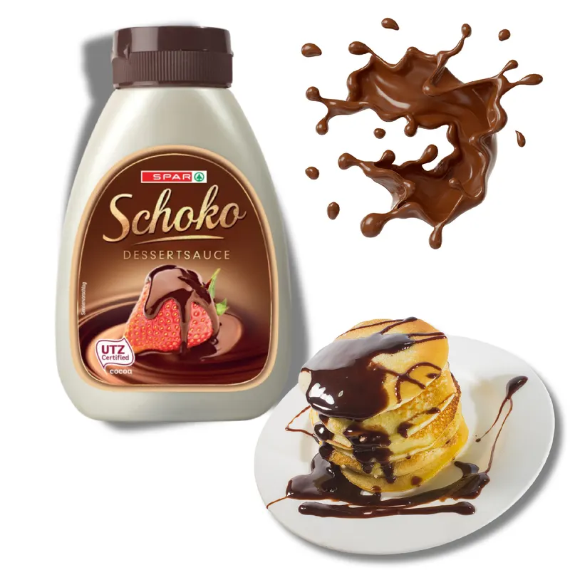 Čokoládový dezertní topping značky SPAR v tubě s rakouskou recepturou, s obsahem kakaa, vhodný na zmrzlinu a dorty