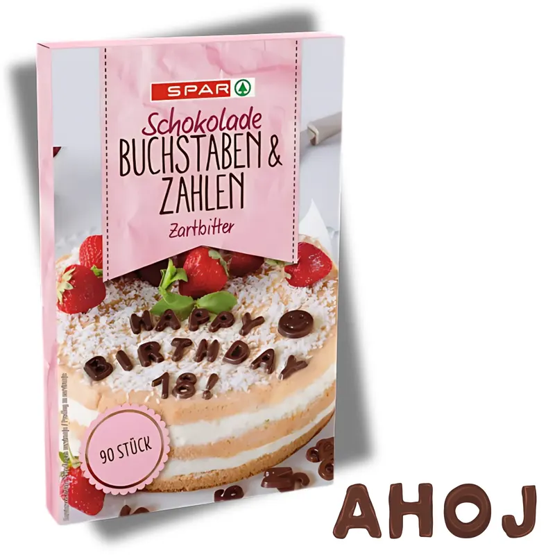 Čokoládová abeceda SPAR s 90 kusy písmen a znaků pro zdobení dortů a dezertů, 40 g