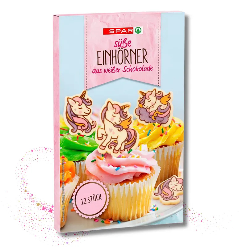 Čokoládové zápichy ve tvaru jednorožce, 12 kusů, z bílé čokolády pro zdobení dortů a cupcaků