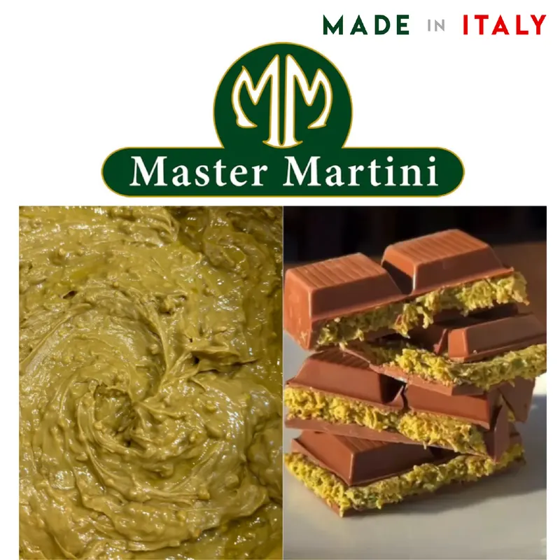 Pistáciový krém Master Martini Crunch s křupavými kousky pražených oříšků, vhodný na plnění a zdobení dortů a pečiva