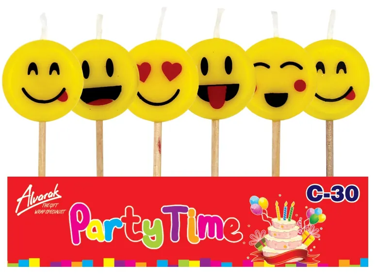 Narozeninové svíčky se smajlíky emoji na zápich, sada šesti kusů pro zdobení dortů a cupcakes
