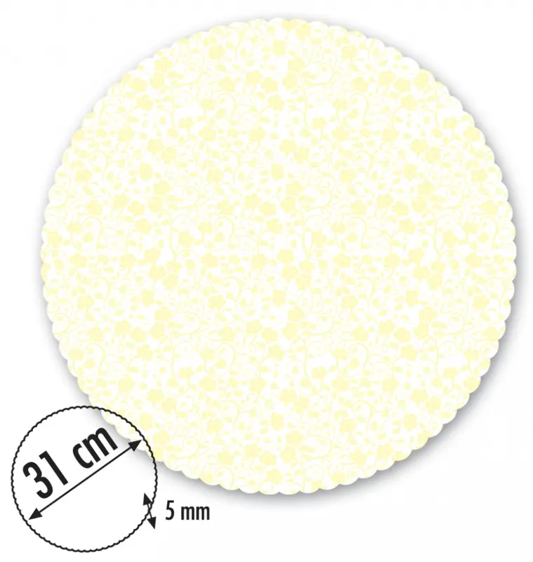 Dortová podložka Alvarak v bílé barvě se žlutým dekorem o průměru 31 cm s pěti krajkovými bílými podložkami