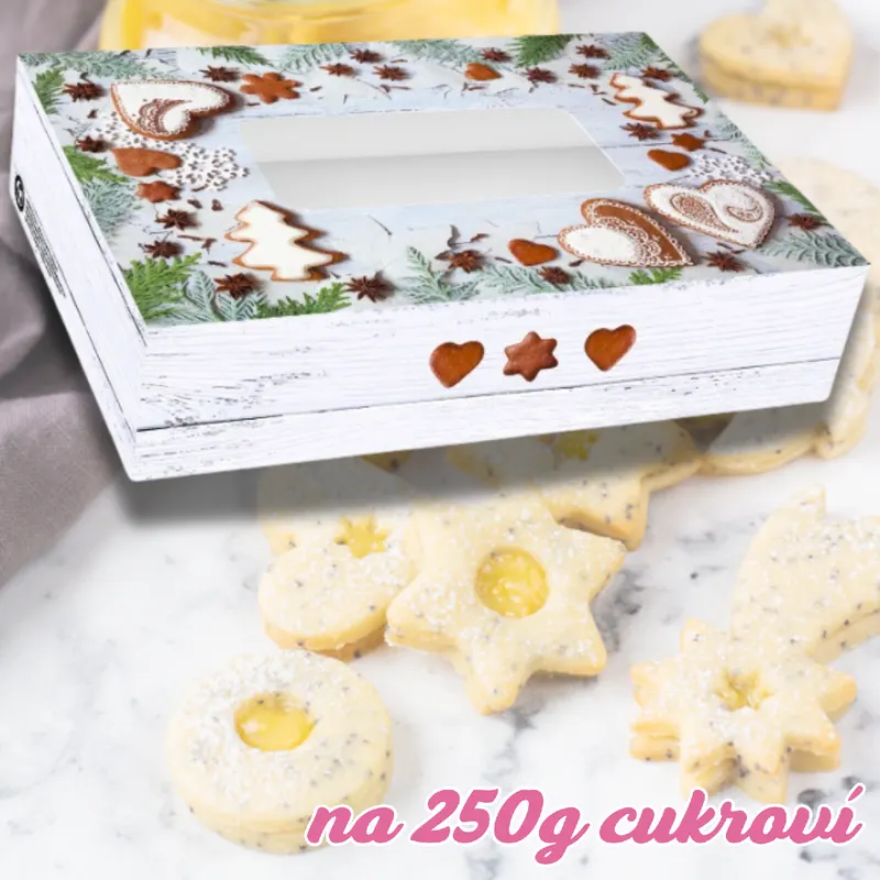 Vánoční pevná krabička na cukroví s průhledným okénkem na 250 g pečiva