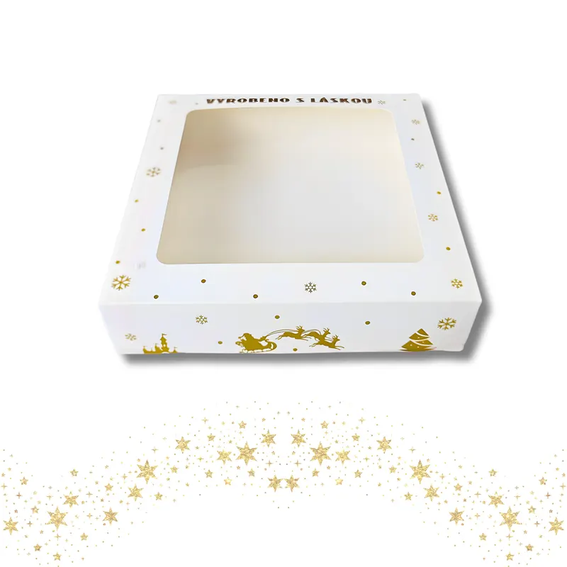 Vánoční papírová krabička na cukroví s motivem bílé elegance a průhledným okénkem o rozměrech 20 × 20 × 5 cm