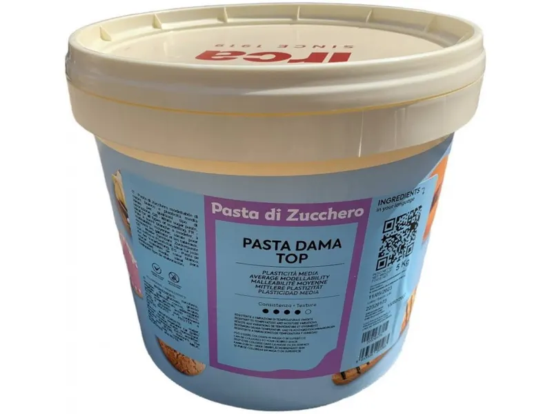 Potahovací hmota na dort Pasta Dama Top v bílé barvě s jemnou chutí bílé čokolády, balení 5 kg